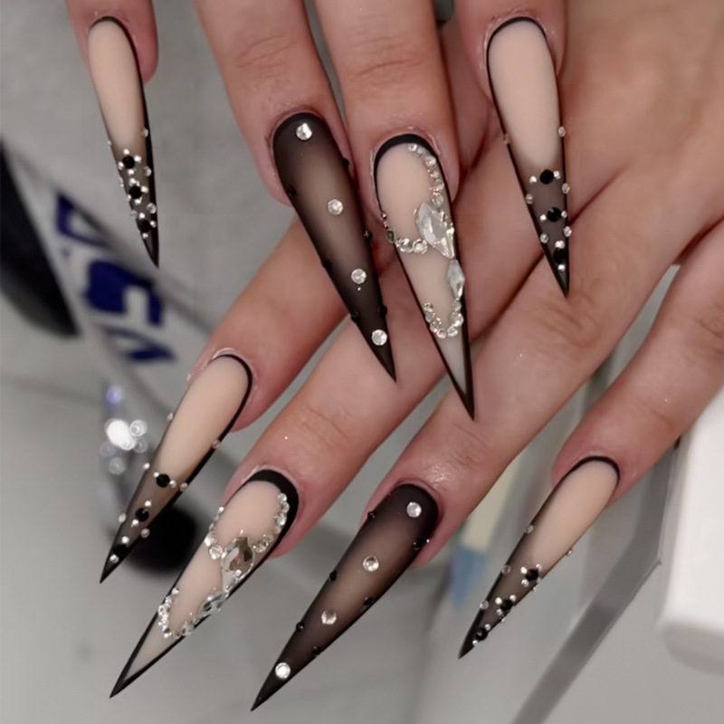 Nail Extension Tips - Long Pointed Press-On Nails with Rhinestones,